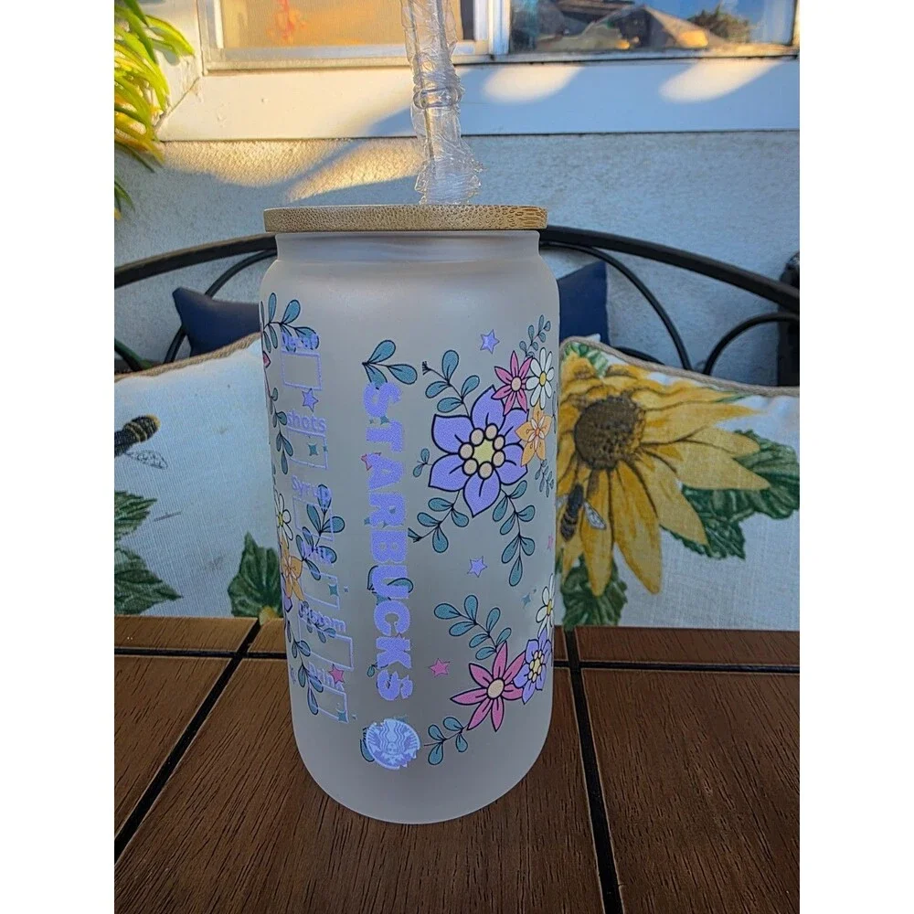 Hello Kitty Starbucks Custom Frosted Glass Tumbler Lid Straw Design 16oz?